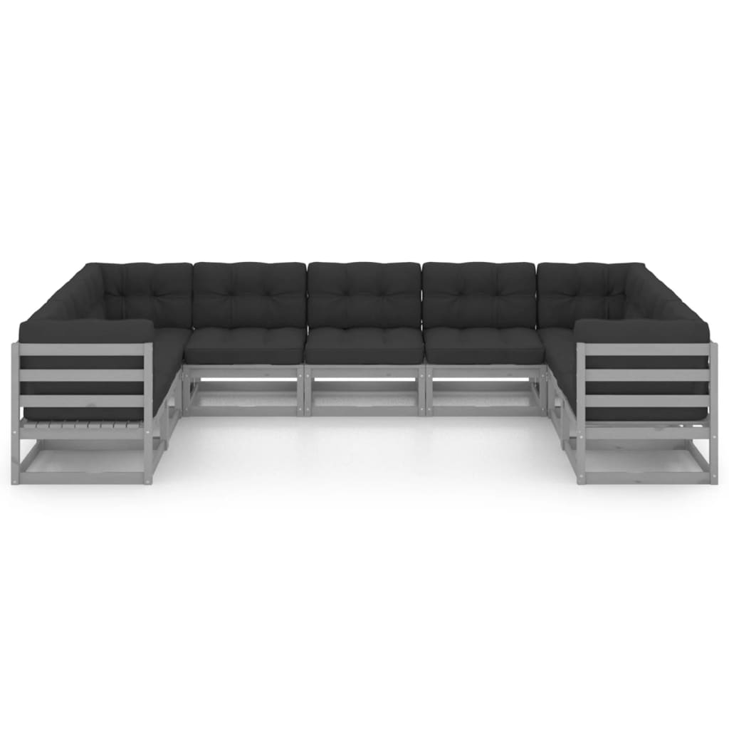 9-tlg. Garten-Lounge-Set mit Kissen Grau Kiefer Massivholz